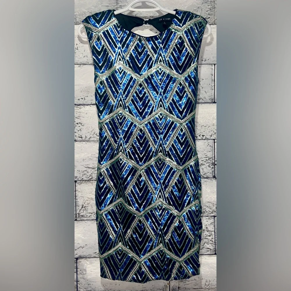 As You Wish Blue Combo Sequin Sheath Mini Dress Sz Small - Picture 2 of 6